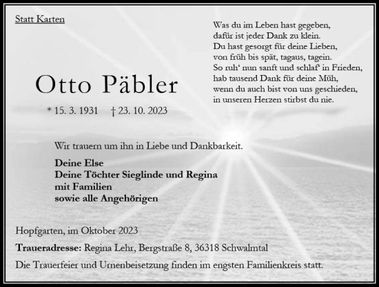 Traueranzeige von Otto Päbler von Oberhessen Kurier
