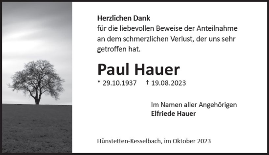 Traueranzeige von Paul Hauer von Wiesbadener Kurier