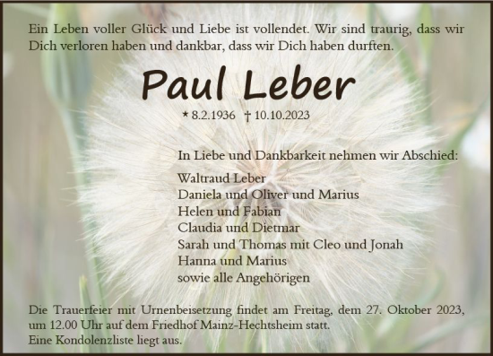Traueranzeige von Paul Leber von Allgemeine Zeitung Mainz