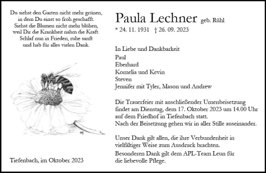 Traueranzeige von Paula Lechner von Wetzlarer Neue Zeitung