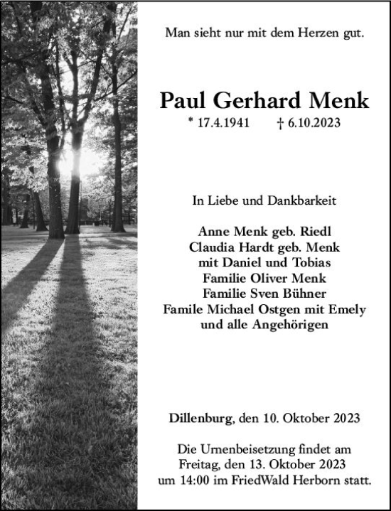 Traueranzeige von Paul Gerhard Menk von Dill Block