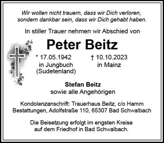 Traueranzeige von Peter Beitz von Wiesbadener Kurier