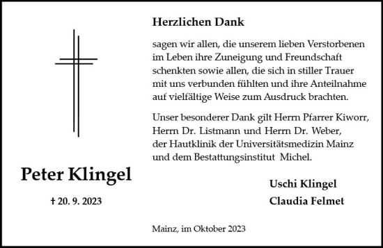 Traueranzeige von Peter Klingel von Allgemeine Zeitung Mainz
