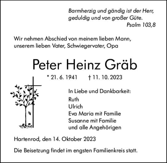 Traueranzeige von Peter Heinz Gräb von Hinterländer Anzeiger