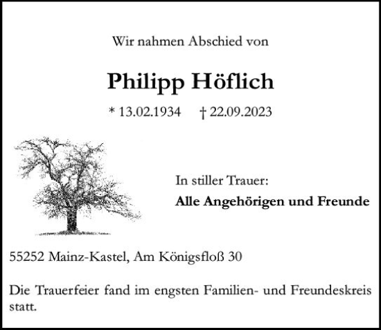 Traueranzeige von Philipp Höflich von Allgemeine Zeitung Mainz