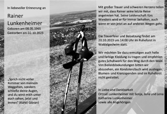 Traueranzeige von Rainer Lunkenheimer von Allgemeine Zeitung Bingen/Ingelheim