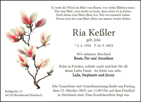 Traueranzeige von Ria Keßler von Odenwälder Echo