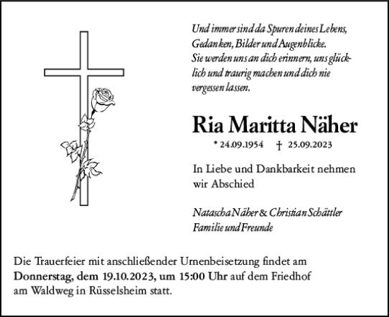Traueranzeige von Ria Maritta Näher von Rüsselsheimer Echo