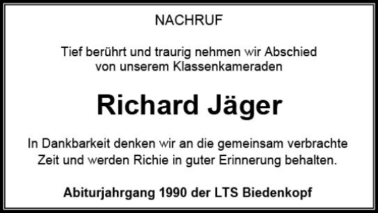 Traueranzeige von Richard Jäger von Hinterländer Anzeiger