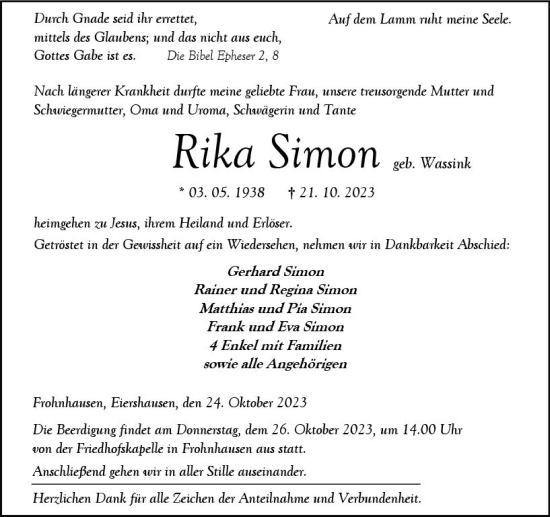 Traueranzeige von Rika Simon von Dill Block