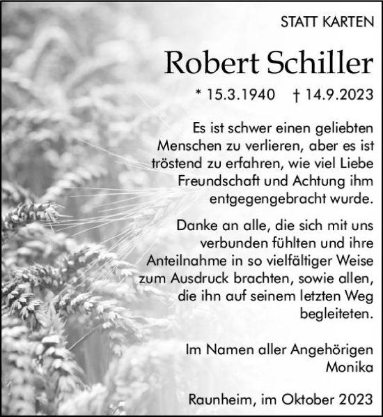 Traueranzeige von Robert Schiller von Rüsselsheimer Echo