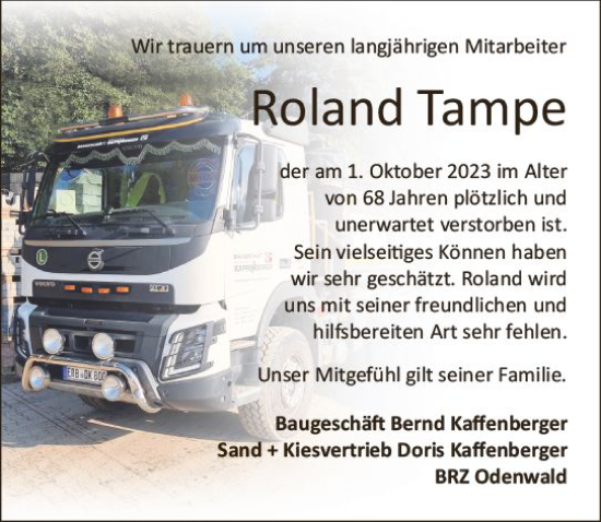 Traueranzeige von Roland Tampe von Odenwälder Echo