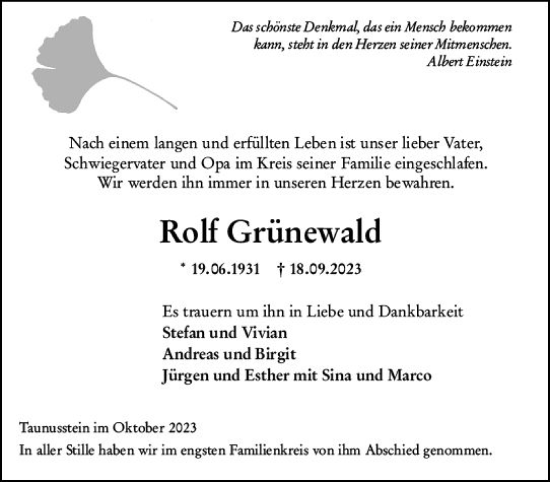 Traueranzeige von Rolf Grünewald von Wiesbadener Kurier