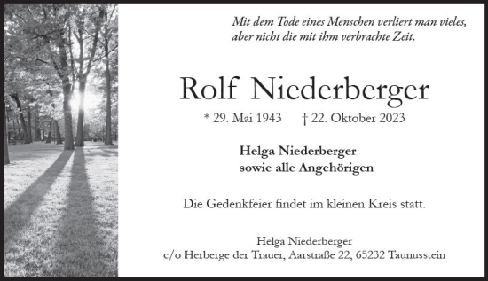 Traueranzeige von Rolf Niederberger von Wiesbadener Kurier
