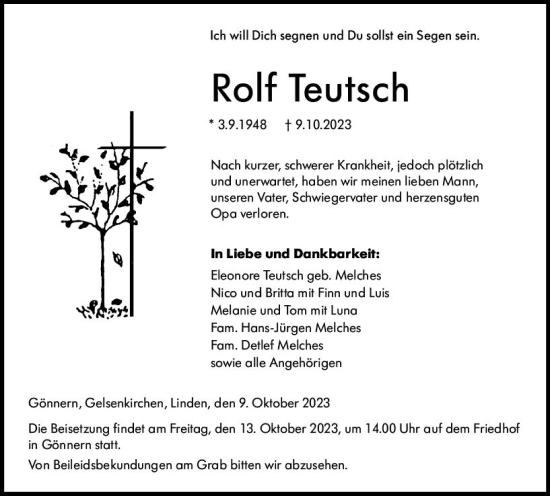 Traueranzeige von Rolf Teutsch von Hinterländer Anzeiger