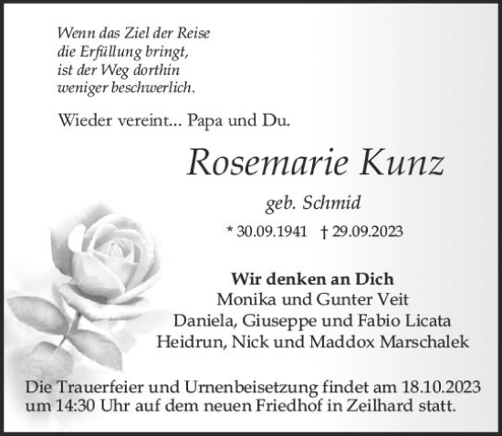 Traueranzeige von Rosemarie Kunz von Darmstädter Echo