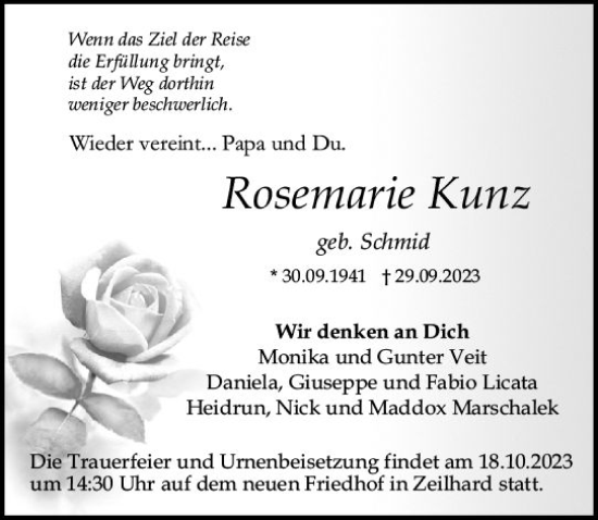 Traueranzeige von Rosemarie Kunz von Odenwälder Echo