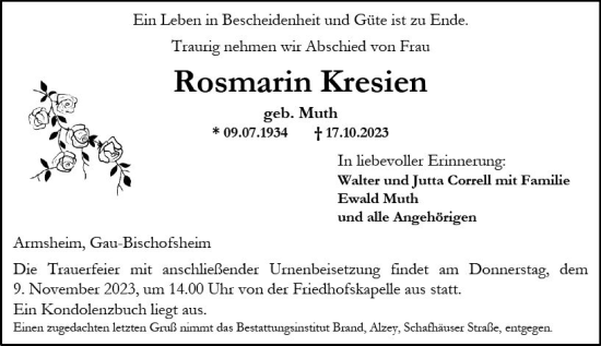Traueranzeige von Rosmarin Kresien von Allgemeine Zeitung Alzey