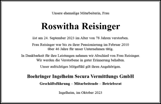 Traueranzeige von Roswitha Reisinger von Allgemeine Zeitung Bingen/Ingelheim