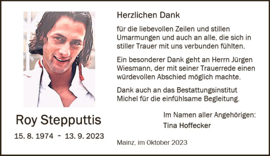 Traueranzeige von Roy Stepputtis von Allgemeine Zeitung Mainz