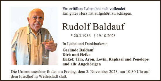 Traueranzeige von Rudolf Baldauf von Darmstädter Echo