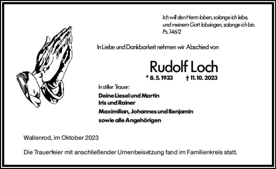 Traueranzeige von Rudolf Loch von VRM Trauer