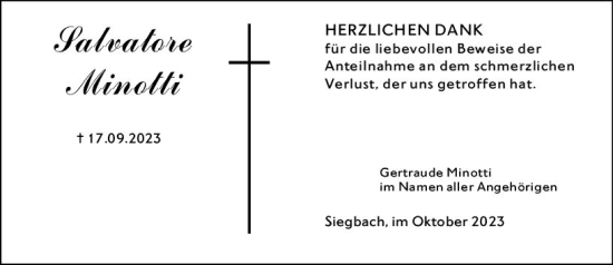 Traueranzeige von Salvatore Minotti von Dill Block