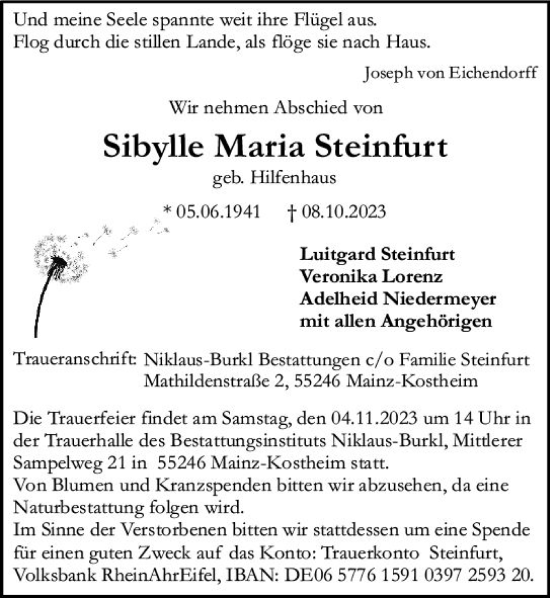Traueranzeige von Sibylle Maria Steinfurt von Allgemeine Zeitung Bingen/Ingelheim