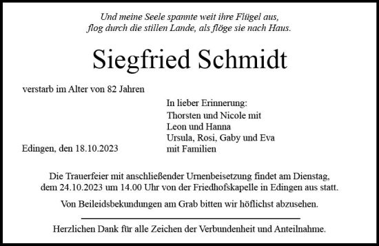 Traueranzeige von Siegfried Schmidt von Dill Block