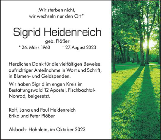 Traueranzeige von Sigrid Heidenreich von Darmstädter Echo