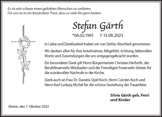 Traueranzeige von Stefan Gärth von Idsteiner Land/Untertaunus