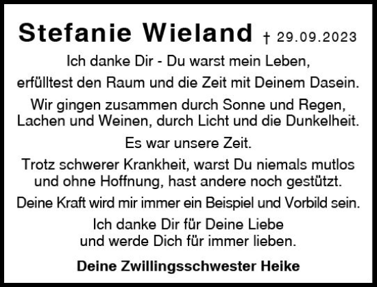 Traueranzeige von Stefanie Wieland von Darmstädter Echo