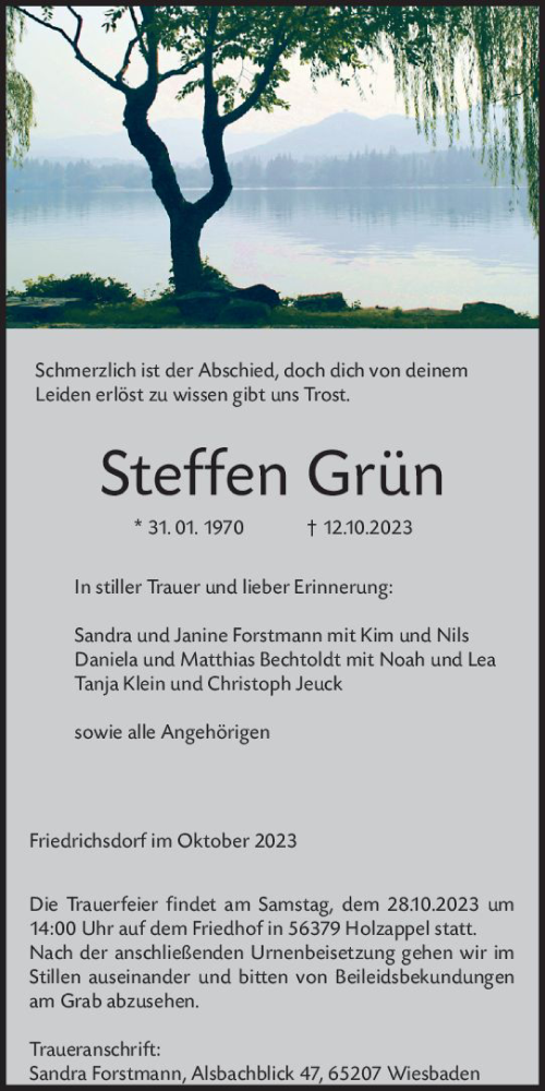 Traueranzeige von Steffen Grün von Weilburger Tageblatt