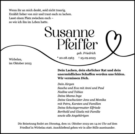 Traueranzeige von Susanne Pfeiffer von Weilburger Tageblatt
