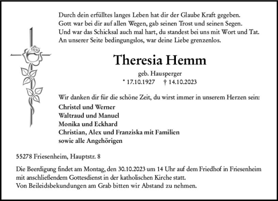 Traueranzeige von Theresia Hemm von Allgemeine Zeitung Mainz