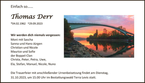 Traueranzeige von Thomas Derr von Wiesbadener Kurier