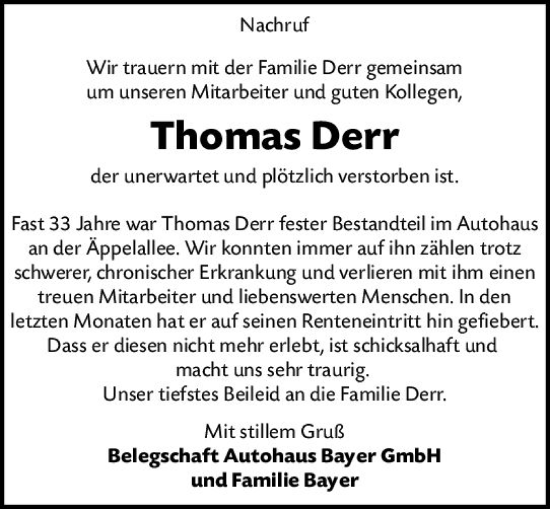 Traueranzeige von Thomas Derr von Wiesbadener Kurier
