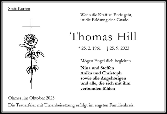 Traueranzeige von Thomas Hill von Oberhessen Kurier