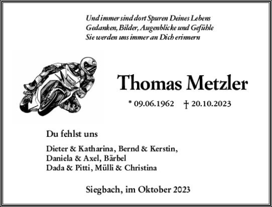 Traueranzeige von Thomas Metzler von Dill Block