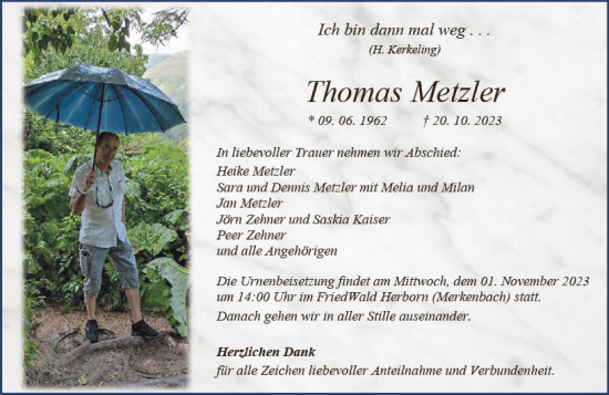 Traueranzeige von Thomas Metzler von Dill Block