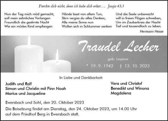 Traueranzeige von Traudel Lecher von Dill Block