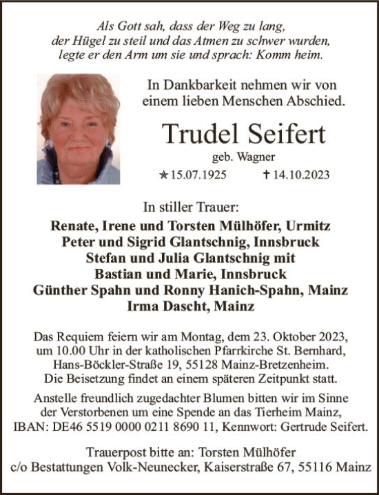 Traueranzeige von Trudel Seifert von Allgemeine Zeitung Mainz