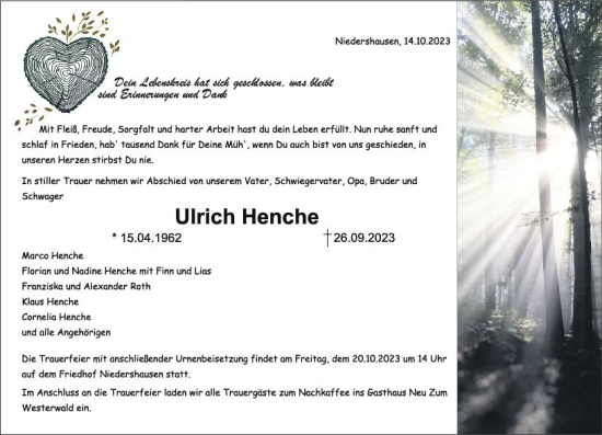 Traueranzeige von Ulrich Henche von Weilburger Tageblatt