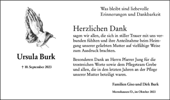 Traueranzeige von Ursula Burk von Hinterländer Anzeiger