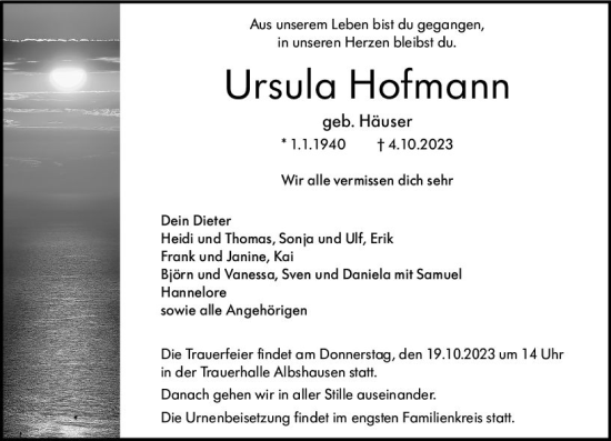 Traueranzeige von Ursula Hofmann von Wetzlarer Neue Zeitung