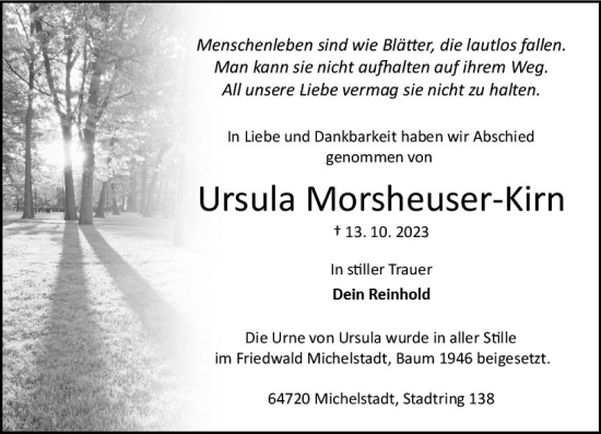 Traueranzeige von Ursula Morsheuser­Kirn von Odenwälder Echo
