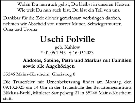 Traueranzeige von Uschi Folville von Allgemeine Zeitung Mainz