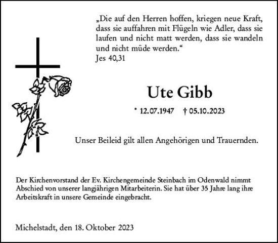 Traueranzeige von Ute Gibb von Odenwälder Echo