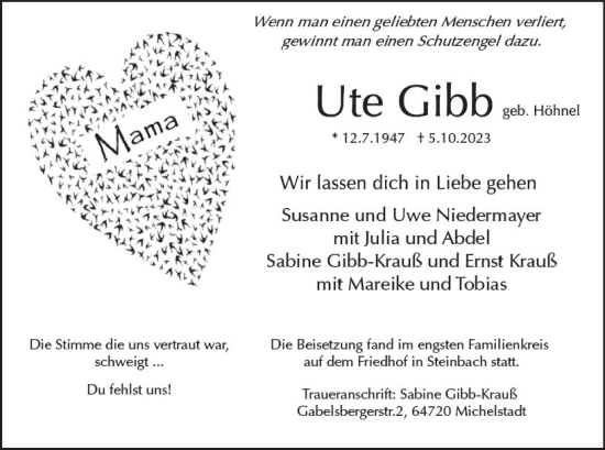 Traueranzeige von Ute Gibb von Odenwälder Echo