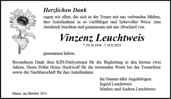 Traueranzeige von Vinzenz Leuchtweis von Allgemeine Zeitung Mainz